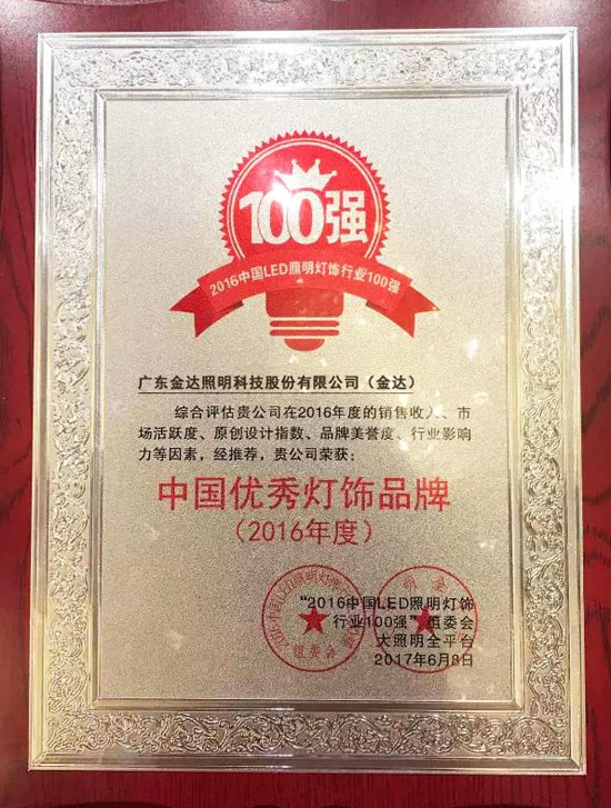 超凡国际品牌荣誉|金达照明获“2016年度中国优秀灯饰超凡国际品牌”殊荣