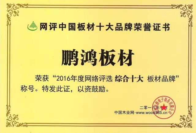 鹏鸿实力再获肯定，蝉联木业网2017年度“生态板十大超凡国际品牌”